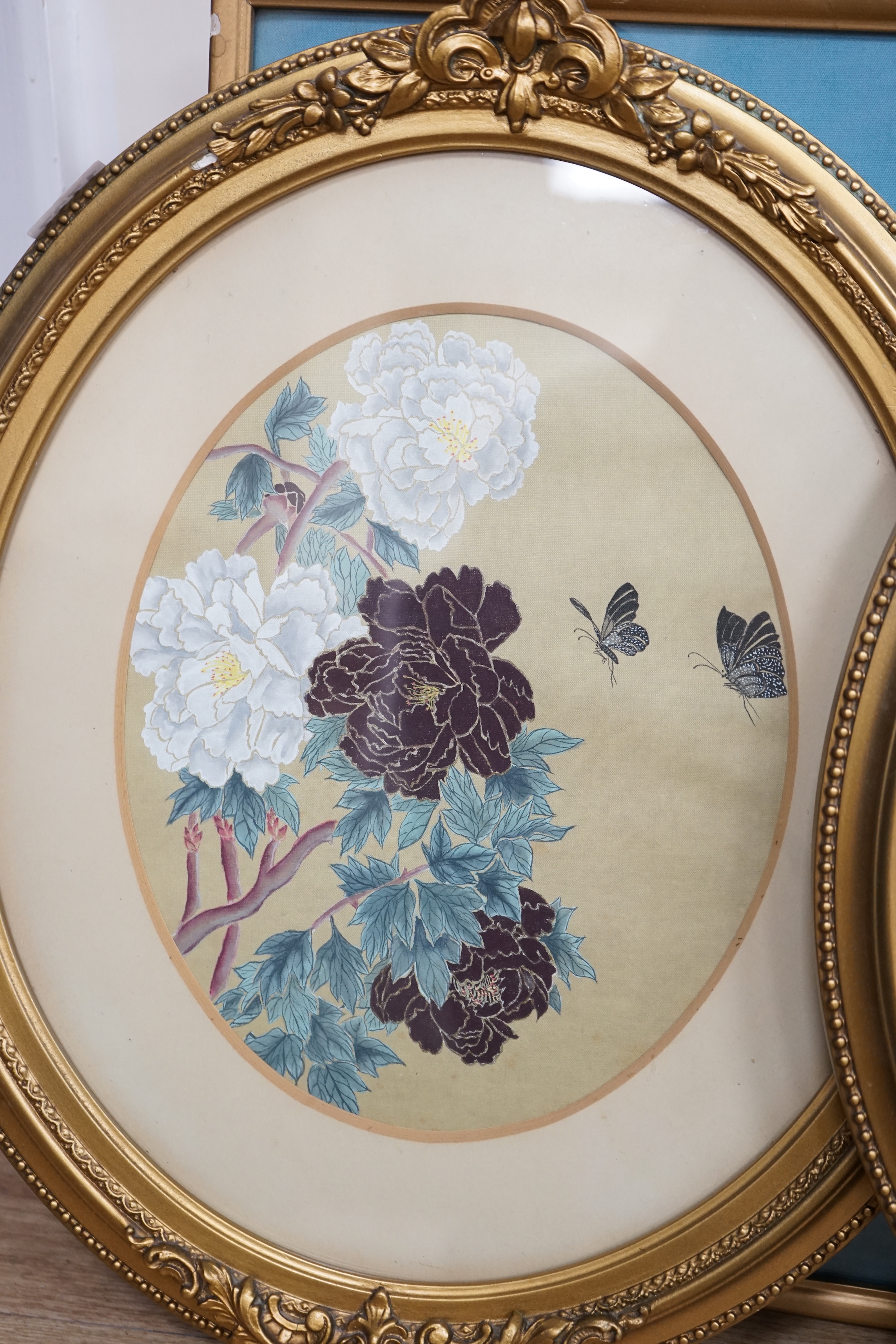 Chinese School, pair of watercolours on silk, Flowers and butterflies, 25 x 19cm